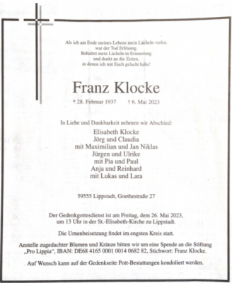 Traueranzeige Franz Klocke